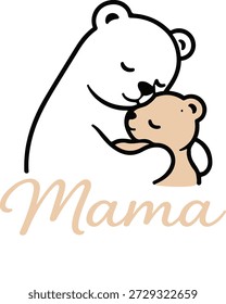 Cute flat vector illustration of a mama bear hugging her baby with “Mama Bear” text. Warm, protective, and family-focused design.