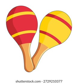 Ilustração vetor plana bonito de maracas em cores amarelas e vermelhas. Design de instrumento musical simples para crianças para projetos infantis, materiais educacionais, cartazes, adesivos, aplicativos e decoração de berçário. Isolado sobre fundo branco
