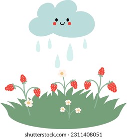 Ilustración portadora plana de un prado, fresas y nubes divertidas. Buena idea para los libros para niños.