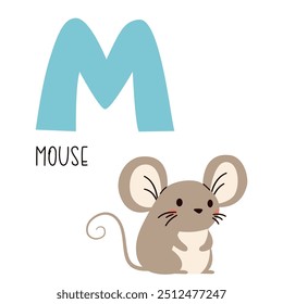 Cute flat vector illustration. Cute mouse and letter M. Animals and letters of alphabet 