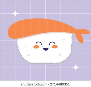 Nette, flache Vektorgrafik eines Nigiri-Sushi-Charakters mit einer orangefarbenen Garnele 
