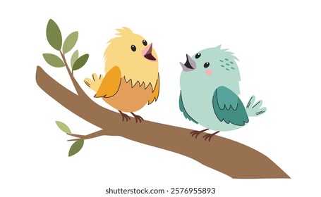 Cute flat vector illustration on white background. Two cute birds sitting on a branch