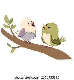 Cute flat vector illustration on white background. Two cute birds sitting on a branch