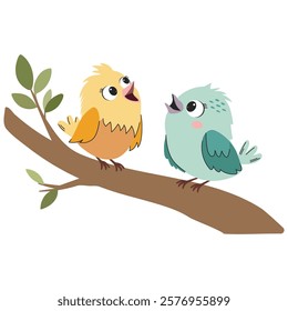 Cute flat vector illustration on white background. Two cute birds sitting on a branch