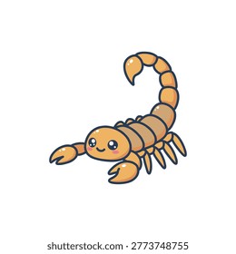 Cute flat vector illustration of an orange scorpion with raised tail and pincers, shown in a playful cartoon style with rounded shapes and clean lines on isolated background