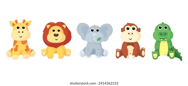 Cute flat vector illustration and pattern with giraffe,crocodile,monkey and lion.Illustration of the food these animals eat and coloring of these animals.