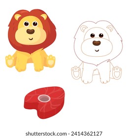 Cute flat vector illustration and pattern with giraffe,crocodile,monkey and lion.Illustration of the food these animals eat and coloring of these animals.