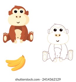 Cute flat vector illustration and pattern with giraffe,crocodile,monkey and lion.Illustration of the food these animals eat and coloring of these animals.