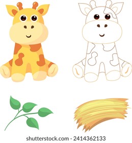 Cute flat vector illustration and pattern with giraffe,crocodile,monkey and lion.Illustration of the food these animals eat and coloring of these animals.