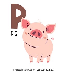 Cute flat vector illustration. Cute pig and letter P. Animals and letters of alphabet 