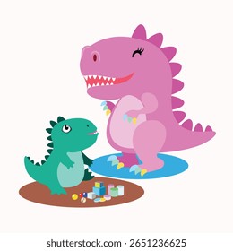  Cute flat vector illustration of a pink mama dinosaur with her green baby playing with colorful toys, perfect for children's designs
