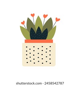 A cute flat vector illustration of a plant in pot with hearts, simple shapes and lines, clipart isolated on white background
