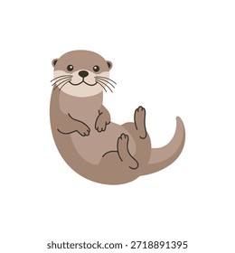 Linda Ilustración vectorial plana de una nutria juguetona acostada boca arriba en una pose relajada, tonos marrones suaves y líneas simples, animal acuático aislado y amigable ideal para niños, educación y marca