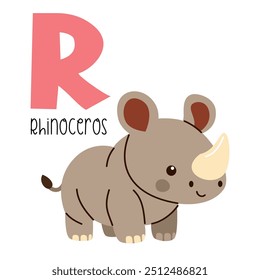 Cute flat vector illustration. Cute rhinoceros and letter R. Animals and letters of alphabet 