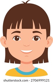 Uma ilustração vetor plana bonito de uma menina sorridente com cabelo marrom ombro-comprimento e franjas, vestindo uma camisa amarela com um colarinho azul, 