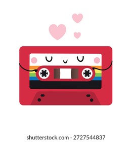 Nette, flache Vektorgrafik eines lächelnden Retro-Kassettenbandcharakters mit Regenbogenstreifen und schwimmenden Herzen. Spielerisches nostalgisches Musikdesign, das Liebe, Romantik und positive Emotionen symbolisiert.