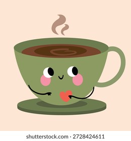 Nette, flache Vektorgrafik einer lächelnden Kaffeetasse, die ein Herz hält. Gemütliches Design im Kawaii-Stil, perfekt für Grußkarten, Aufkleber, Prints, Social Media, Café-Branding, Kinderdesigns und warme Liebesprojekte.