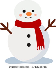Cute flat vector illustration of a snowman with scarf and stick arms. Ideal for winter holidays, Christmas designs, kids illustrations, and festive themes.