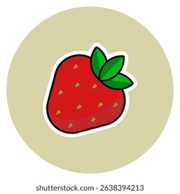 Cute Flat Vector Illustration of Strawberry with Green Leaves. Bold Outline Cartoon Fruit Icon on Soft Background