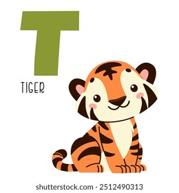 Cute flat vector illustration. Cute tiger and letter T. Animals and letters of alphabet 