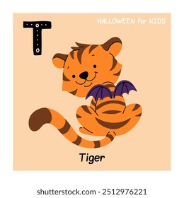 Cute flat vector illustration. Cute tiger and letter T. Animals and letters of alphabet