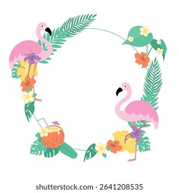 A cute flat vector illustration of a tropical floral circle frame with flamingos, hibiscus, plumeria, and palm leaves. Perfect for summer invitation cards, posters, and decorative templates.