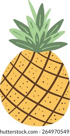 Cute flat vector illustration of a tropical pineapple with spiky green leaves. Fresh and juicy exotic fruit design, ideal for summer themes, beach visuals, healthy food concepts