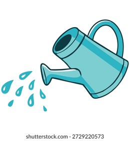 Cute flat vector illustration of a watering can with water splashes. Simple child-friendly gardening element for kids projects, education materials, posters, stickers, books, apps, worksheets, and nursery decor. Isolated on white background