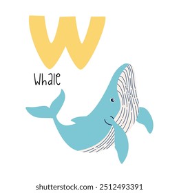 Linda Ilustración vectorial plana. Ballena linda y letra V. Animales y letras del alfabeto 