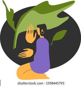 Cute flat vector illustration of young woman with black hair in purple violet dress doing yoga. Green palm leaves in the background. Tranquil calm healthy meditation