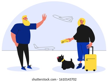 Cute flache Vektorillustration Illustration von jungen Pärchen am Flughafen. Frau verabschiedet sich von ihrem Freund. Dame mit gelbem Koffer und schwarzem Hund reist ins Ausland und hält Flugticket