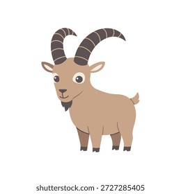 Linda Ilustración vectorial plana de un joven ibex o cabra salvaje de pie frente a frente en un fondo aislado, carácter de vida silvestre amigable ideal para los niños, la educación y la marca