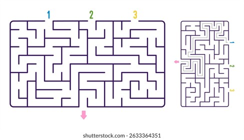 Cute Flat Vector Kids Maze with Solution: Simple Labyrinth with Three Entrances