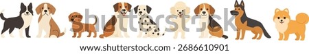 Cute flat vector lineup of popular dog breeds including beagle, dachshund, dalmatian, poodle, german shepherd, shiba inu, and more; friendly cartoon pets for posters and education.