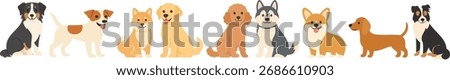 Cute flat vector lineup of popular dog breeds sitting and standing, including jack russell, shiba inu, golden retriever, poodle, husky, corgi, dachshund, border collie, australian shepherd.