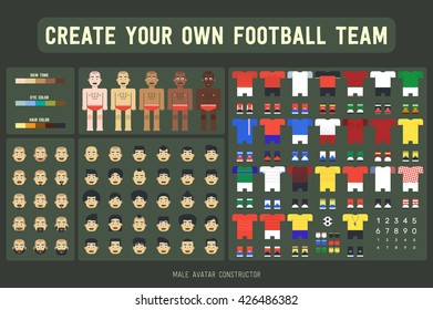 Cute flat vector male avatar constructor. Create your own football team! Set includes different skin tone, eye and hair color, beard and hair style, soccer uniform.