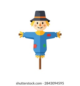 Cute flat vector scarecrow character isolated on white for autumn harvest and farm themes.