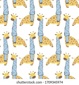 Cute flat vector seamless pattern. Giraffe wearing a scarf. 