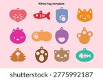 Cute flat vector set of cat pet ID tags and charms. Includes cat faces, paw prints, fish bone shapes, and heart cutouts. Perfect for pet accessories, laser cutting, engraving