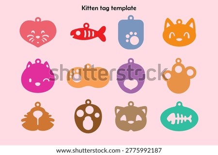 Cute flat vector set of cat pet ID tags and charms. Includes cat faces, paw prints, fish bone shapes, and heart cutouts. Perfect for pet accessories, laser cutting, engraving