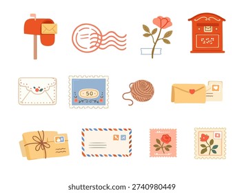 Cute flat vector set of mail and post themed illustrations including mailbox, envelopes, stamps, postcards and postal elements isolated on light background.