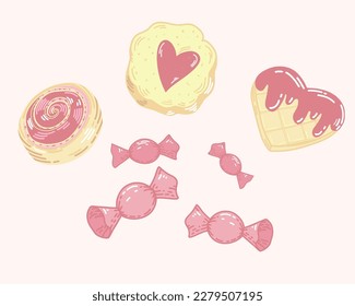 Cute flat vector set of sweets, consisting of kurabye cookies with a heart, a muffin, waffles and candies in pink.