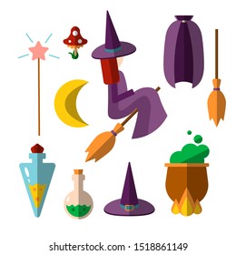 Cute flat vector set of witch, witchcraft items - flying young witch on a broomstick, bottles of poison, boiled poison in a cauldron, hat, magic wand and other magical wizardry elements isolated on