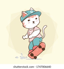 cute flat vector skate boy cat on skateboard, idea for greeting card, children kid stuff print