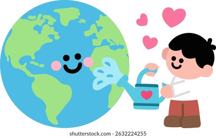 cute flat vector of smiling earth being watered with love, perfect for world environment day celebration theme