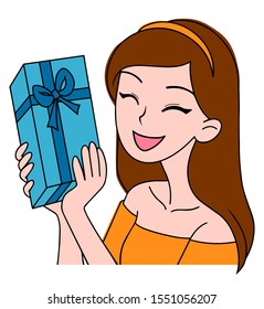 Cute flat vector smiling girl with gift in hands. Illustration for postcard. Isolated on white background.