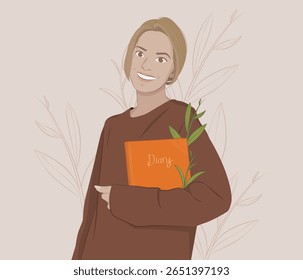 Cute flat vector of a smiling woman holding a diary, wearing a cozy sweater. Perfect for Woman’s Day celebration, empowerment campaigns, or self-expression themes.