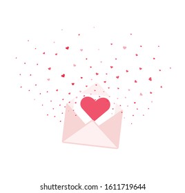 Cute flat vector Valentines day greeting card with red hearts flying out pink envelope. Love letter with heart message for 14 february celebration, postcard and banner design