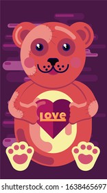 Cute flat vector valentine's day postcard. Gift plush medvel with a heart in his hands. Holiday banner for lovers