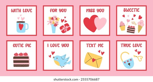 Cute Flat Vector Valentine's Day Greeting Card Collection. Flat Vector Style